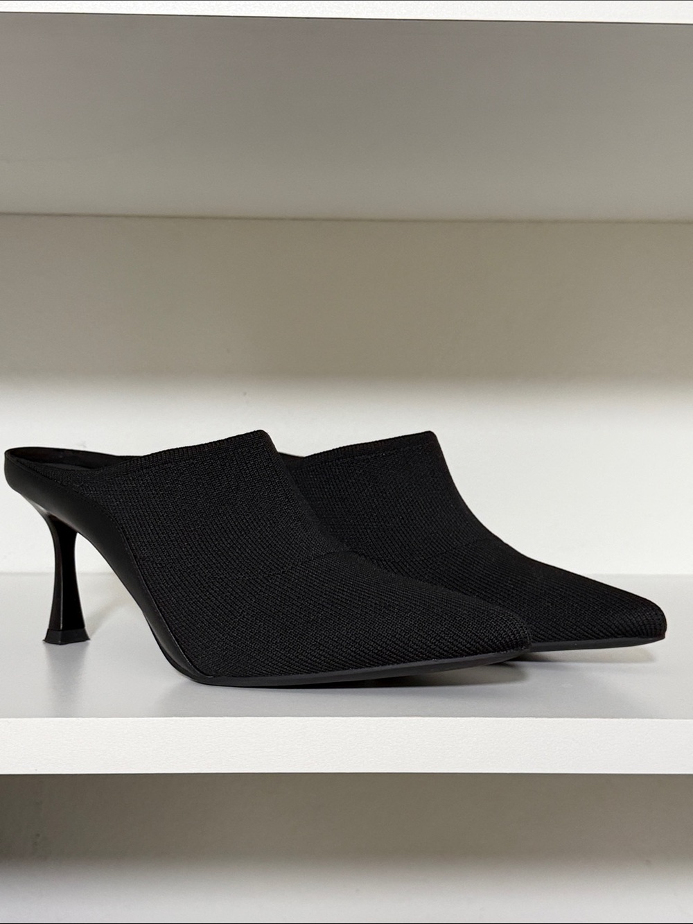 Black Knit Pointed Mule Heels